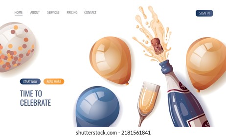 Champagner, Glas, Ballons, Serpentine. Geburtstagsfeier, Feiern, Feiertag, Event, Feste, Glückwunsch Konzept. Vektorgrafik. Website, Banner-Vorlage.