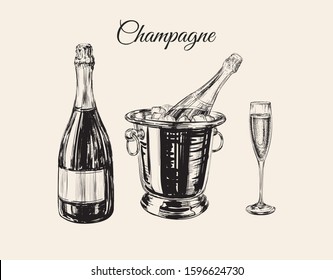 Champagne Glass Bottle Bucket Hand Drawing Vector Illustration Bubbles. Alcoholic Drink.