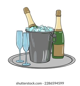 Champagnerglas und Flasche in Eimer. Zwei Glas Champagner. Farbe. Illustration für Ihren Urlaub, Ihre Hochzeit, Ihr neues Jahr, Postkartendesign