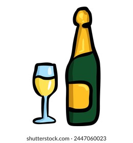 Champagne Glass and Bottle - Hand Drawn Doodle Icon