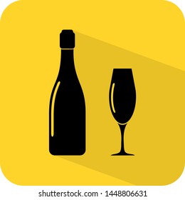 Champagne glass and bottle logo. Flat 3D shadow design. yellow background black vector. product brand service label banner board display. App icon.