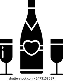 Champagne Glass and Bottle solid glyph vector illustration