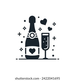 Champagne glass and bottle symbol. Valentine's day and drink. Vector illustration
