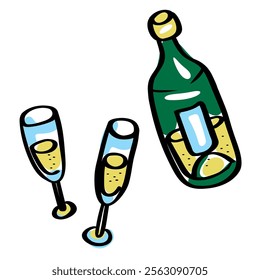 Champagne glass bottle with two glasses. Doodle flat color illustration. Birthday, anniversary, celebration, party. Prints, web design, stationery design, greeting cards, invitations, menus and etc.