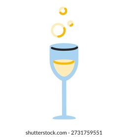 Champagnerglas mit Blasen. Moderne Vektorgrafik einzeln auf weißem Hintergrund, handgezeichnet, flaches Design