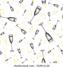 Champagne glass with bublles and splashes. Hand drawn isolated vector seamless pattern. Alcohol drink in engraved style. Vintage Beverage sketch. Great for bar and restaurant menu, poster