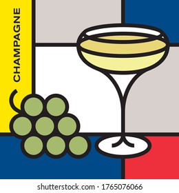 Champagne glass with bunch of white grapes. Modern style art with rectangular color shapes. Piet Mondrian style pattern.