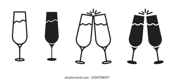 Champagne glass cheers icon set. dinner party champaign or wine glasses vector icon collections in filled and outlined style.