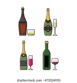 Champagne With Glass Collection Vector Icon