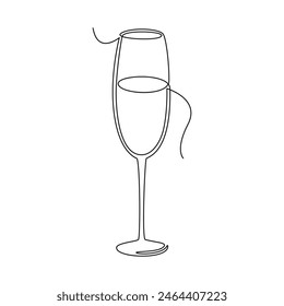 Champagne glass continuous line draw, monoline, alcohol drink, holiday, single one line art. Minimalistic vector illustration isolated on white background