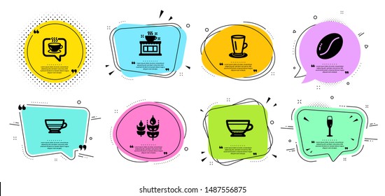 Champagne glass, Dry cappuccino and Coffee beans line icons set. Chat bubbles with quotes. Coffee shop, Mocha and Teacup signs. Gluten free symbol. Winery, Beverage mug. Food and drink set. Vector