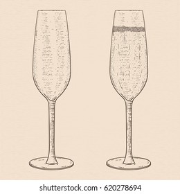 Champagne glass. Empty and full. Hand drawn sketch. Vector illustration on beige background