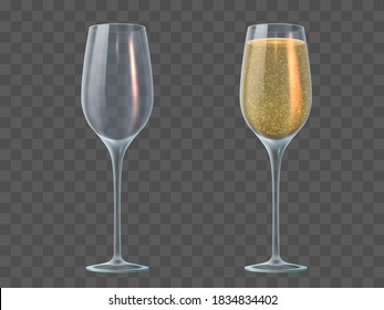 Champagne glass. Fill and empty transparent wineglasses with sparkling wine. Valentine day, christmas and wedding 3d realistic vector mockup. Illustration champagne glass liquid drink