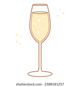 A champagne glass filled with bubbly sparkling wine isolated on white background. Flat design