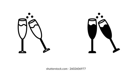 Champagne Glass flat Icons in line outline and flat solid style on white background