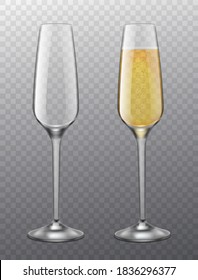 Champagne glass. Full and empty glasses with white sparkling wine wedding, birthday and christmas celebration symbol, 3d realistic elegance wineglasses vector isolated on transparent background mockup