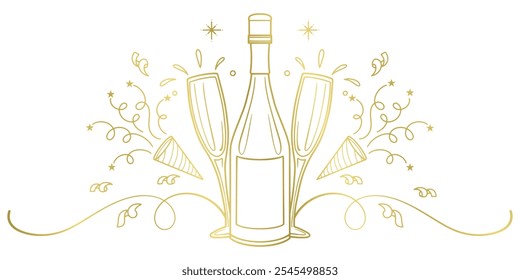 champagne and glass gold line art style. vector elements for new year celebration, wedding, valentine, christmas and birthday