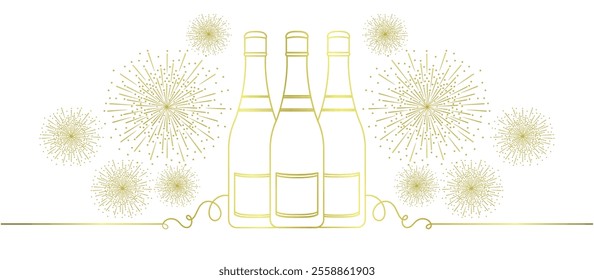 champagne and glass gold line art style. vector elements for new year celebration, wedding, valentine, christmas and birthday