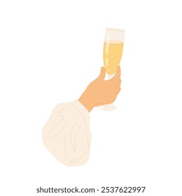 Champagne glass in hand. Alcoholic drink, sparkling wine. Holiday toast. A women hand. Flat illustration on white background.