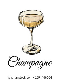 Burbujas de ilustración de vectores de dibujo a mano de vidrio de champán. Bebida alcohólica.Cóctel.