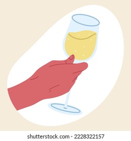 Vidrio de champán en mano, copa de vino espumoso. Vidrio de mano hembra que contiene vidrio de vino aislado ilustración vectorial plana sobre fondo blanco