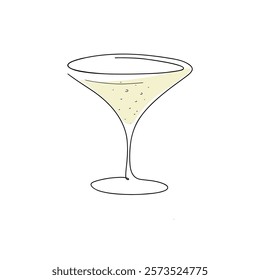 Champagne glass, hand-drawn in one continuous line, isolated on white, vector. A festive graphic element for decoration, anniversary, celebration, wedding. Wine glass with a drink, flat design