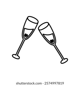 champagne glass with heart doodle outline on white background