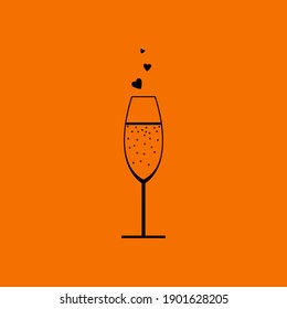 Champagne Glass With Heart Icon. Black on Orange Background. Vector Illustration.