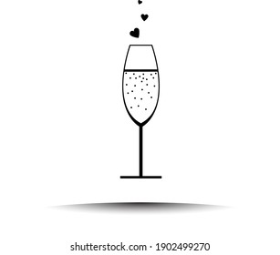 Champagne Glass With Heart Icon. Black on White Background With Shadow. Vector Illustration.