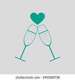 Champagne Glass With Heart Icon. Green on Gray Background. Vector Illustration.