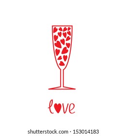 Champagne glass with hearts inside. Vector illustration.  Card