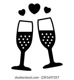 Champagne in glass with hearts solid icon, Valentines Day concept, Two glasses of sparkling champagne sign on white background, romantic dinner icon in glyph style. Vector graphics