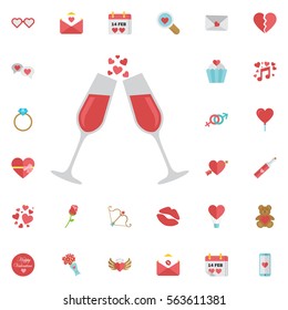 Champagne glass with heart-shaped bubbles isolated on white background. Wedding, anniversary, birthday, Valentine's day, party invitations. Design template for label, banner, badge, logo. Vector.