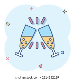 Champagne glass icon in comic style. Alcohol drink vector cartoon illustration on white isolated background. Cocktail splash effect business concept.