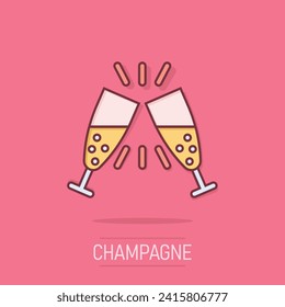 Champagne glass icon in comic style. Alcohol drink vector cartoon illustration on isolated background. Cocktail splash effect business concept.