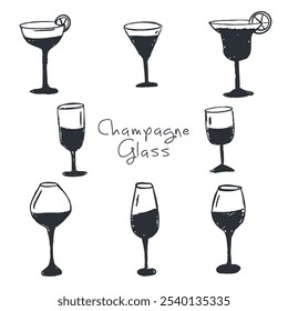 Champagne Glass Icon Set. Wine Glass, Sparkling Wine, Celebration. Champagne Flute, Cheers, and Party Icons. Elegant Line Art Collection for Festive Events, Weddings, Celebrations, and Holidays