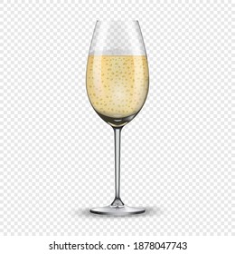 Champagne glass isolated on transparent background. Sizzling bubbles. Realistic glass for the New Year holidays. Vector illustration