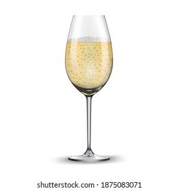 Champagne glass isolated on white background. Golden bokeh effect. Realistic glass for the New Year holidays. Vector illustration