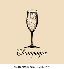 Champagne Glass Isolated. Vector Hand Drawn Sketch Of Spumante. Alcoholic Drink Logo. A White Sparkling Wine Sign For Restaurant, Bar, Cafe Menu Design.