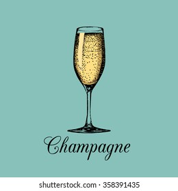 Champagne Glass Isolated. Vector Hand Drawn Sketch Of Spumante. Alcoholic Drink Logo. A White Sparkling Wine Sign For Restaurant, Bar, Cafe Menu Design.