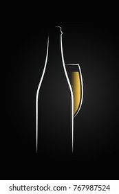 Champagne glass logo. Champagne bottle on black background