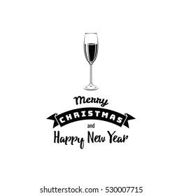 Champagne Glass. Merry Christmas and Happy New Year Greeting Card, Vector Illustration.