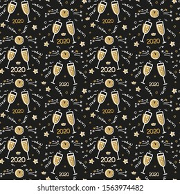 Champagne glass New Year seamless pattern. Black and gold repeat design with midnight clock, stars, swirls, spiral throws to make wrapping, gift boxes, invitation cards.