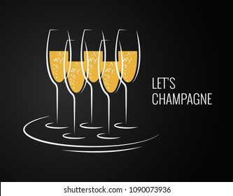 champagne glass on a tray on black background