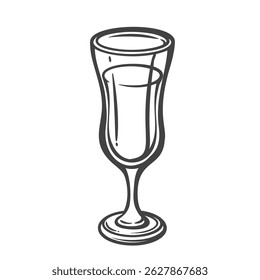 Champagne glass outline drawing in vintage doodle style. Alcohol tableware with long stem, hand drawn in monochrome. Great for menu, bar design, celebration decor. Vector illustration.