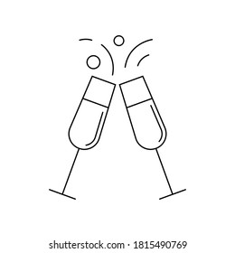 Champagne Glass Outline Icon. Cheers Sign. Two Sparkling Wine Glasses Line Silhouette. Christmas And New Year Toast Symbol. Vector Illustration.