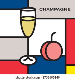 Champagne glass with peach fruit. Modern style art with rectangular color shapes. Piet Mondrian style pattern.