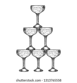 Champagne glass pyramid tower sketch engraving vector illustration. Scratch board style imitation. Black and white hand drawn image.