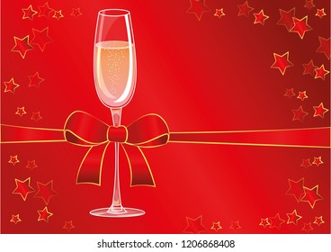 champagne glass with red bow and stars background vector illustration EPS10