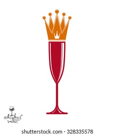 Champagne glass with royal crown, decorative goblet full with sparkling wine. Queen of the evening conceptual illustration, celebration theme eps8 object.